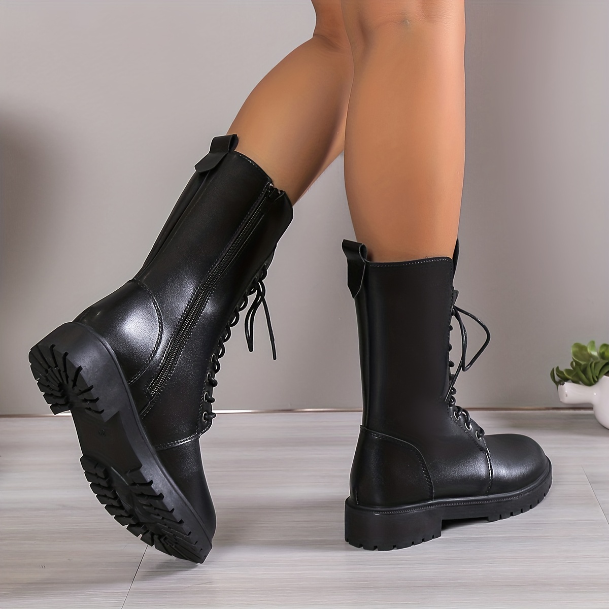 Women's Mid Calf Combat Boots, Round Toe Lace Up & Zipper Flat Shoes,  Casual All-Match Lug Sole Boots