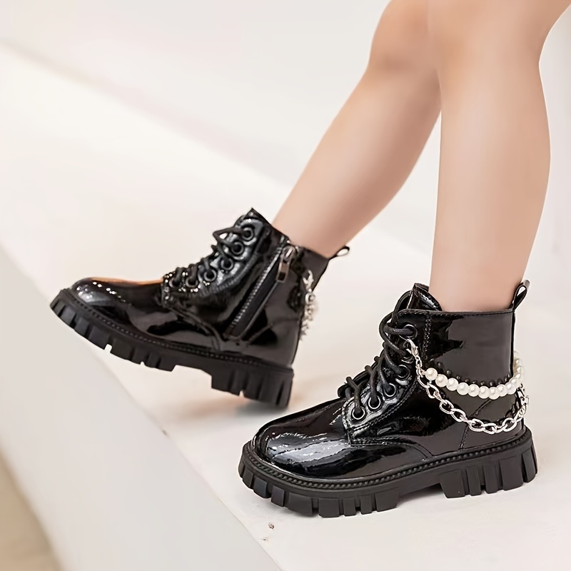 Girls Patent Leather Ankle Boots Pearl Chain Design Lace Up Side