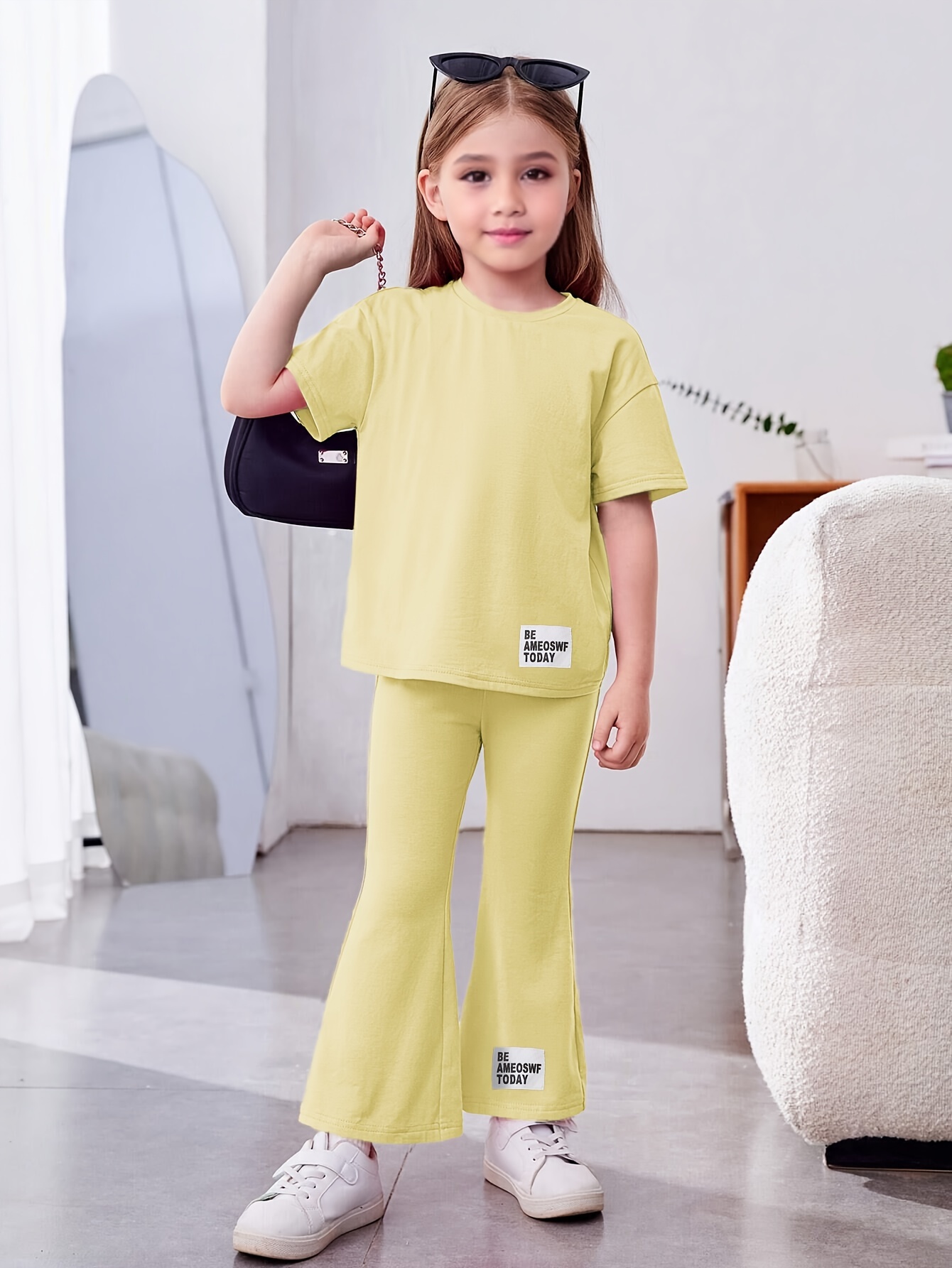 Girl's T shirt Flared Pants Set Awesome Today Patched Short - Temu