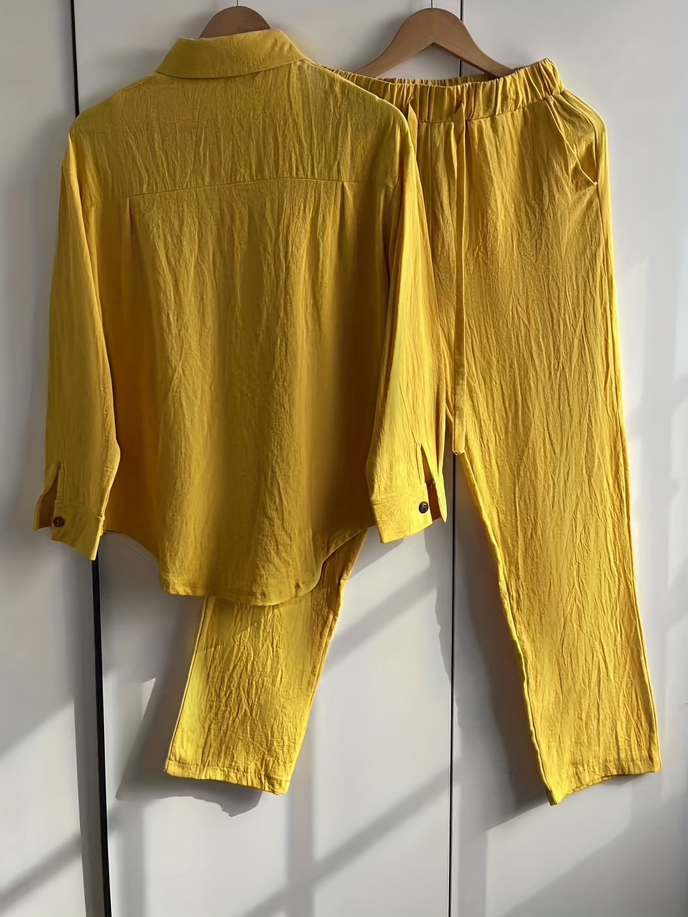 Solid Matching Two piece Set Long Sleeve Shirt Casual Pants - Temu