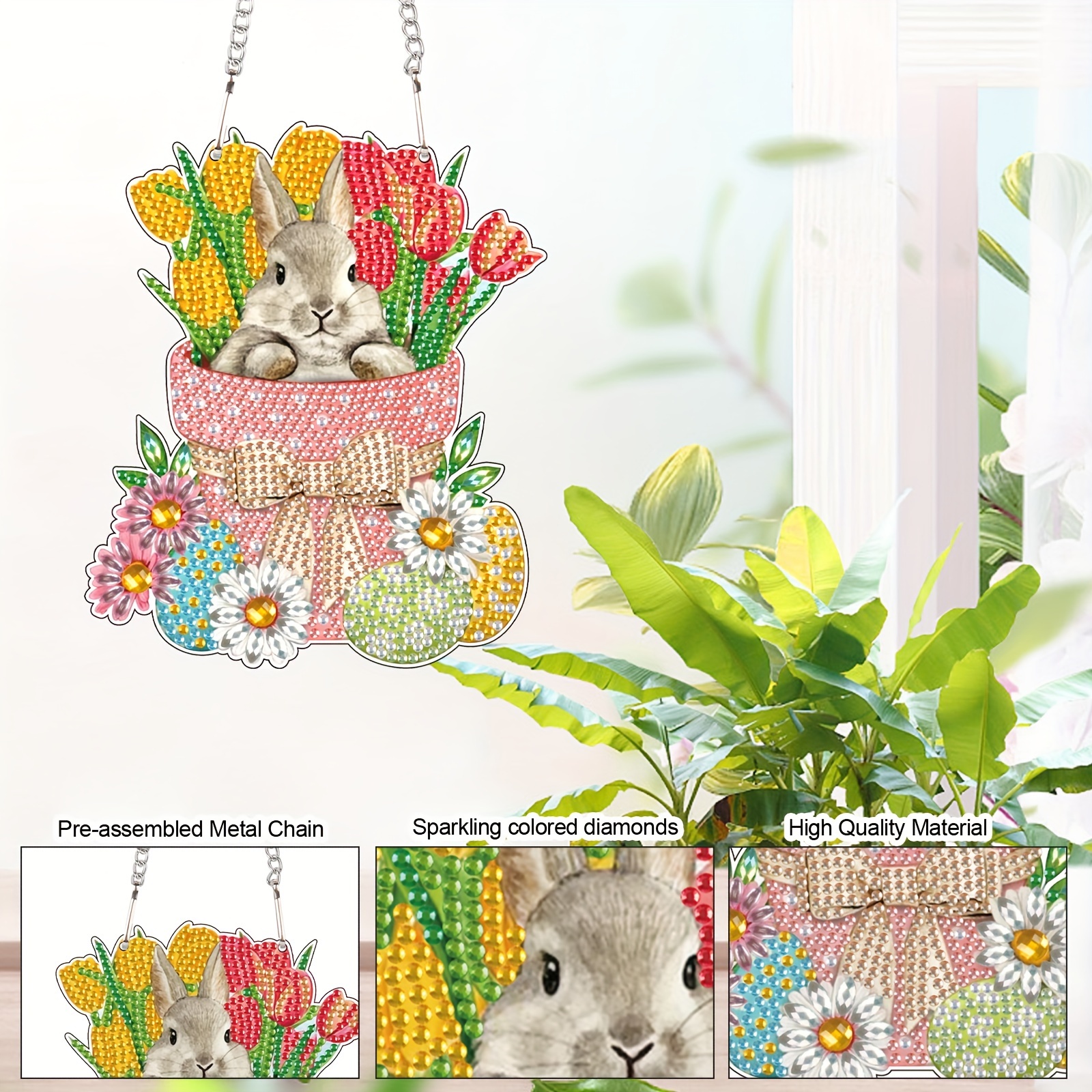 Diamond Painting Kits Hanging Pendant, Bunny Beautiful Flowers Art Hanging  Sign DIY Special Shaped Crystal Pendant Ornaments For Home Decor Easter Gif