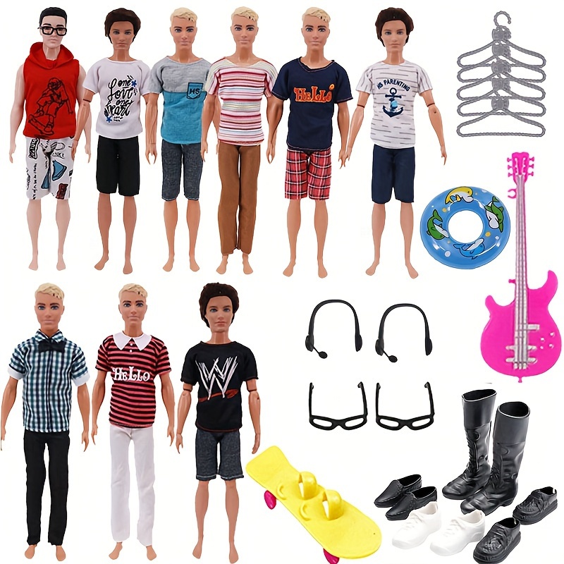 

30pcs Doll Clothes And Accessories, Include 5 Outfit 5 Pants 5 Hangers 8 Shoes 1 Swimming Ring 1 Guitar 1 Skateboard 2 Glasses 2 Headphones For 12 Inch Boy Friend Ken Doll (doll Not Included)