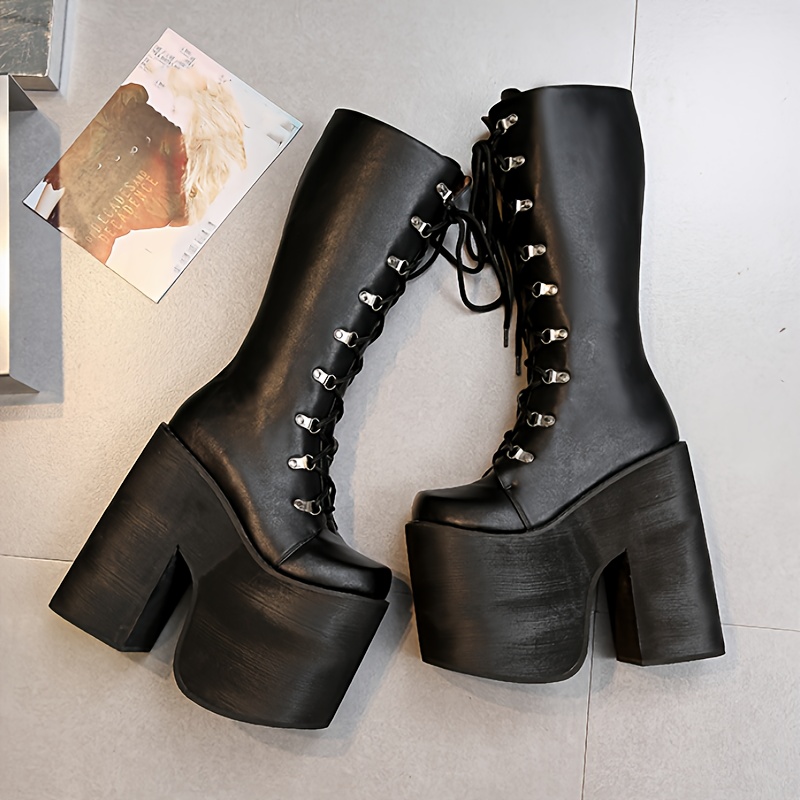 womens y2k side zip platform boots black pointed toe lace - Temu