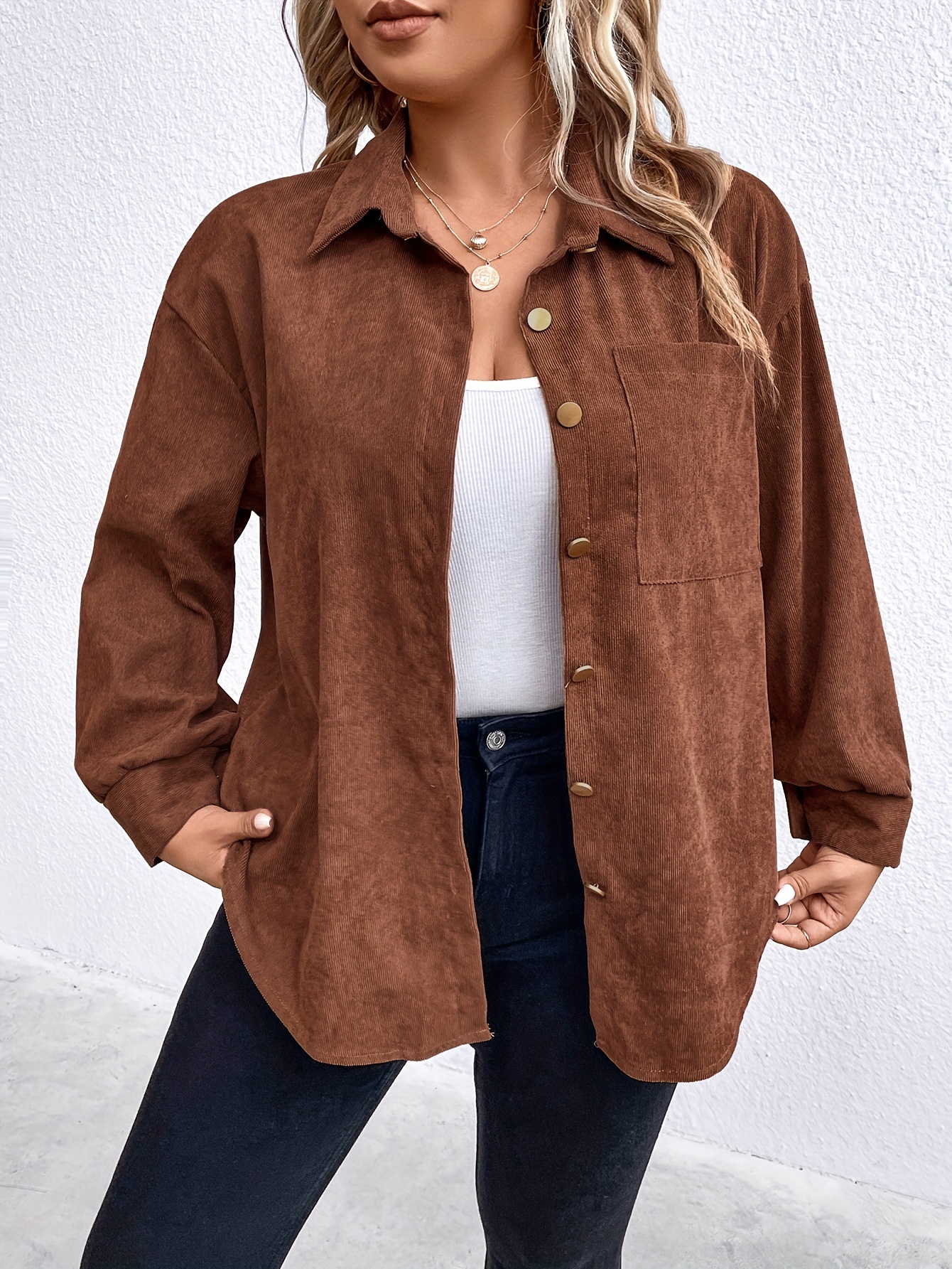 Plus Size Casual Blouse with Solid Corduroy Long Sleeve