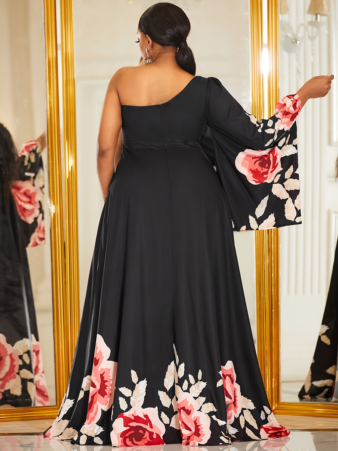 plus size floral print mother of the bride dress elegant ruched one shoulder brush train gown for wedding party womens plus size clothing