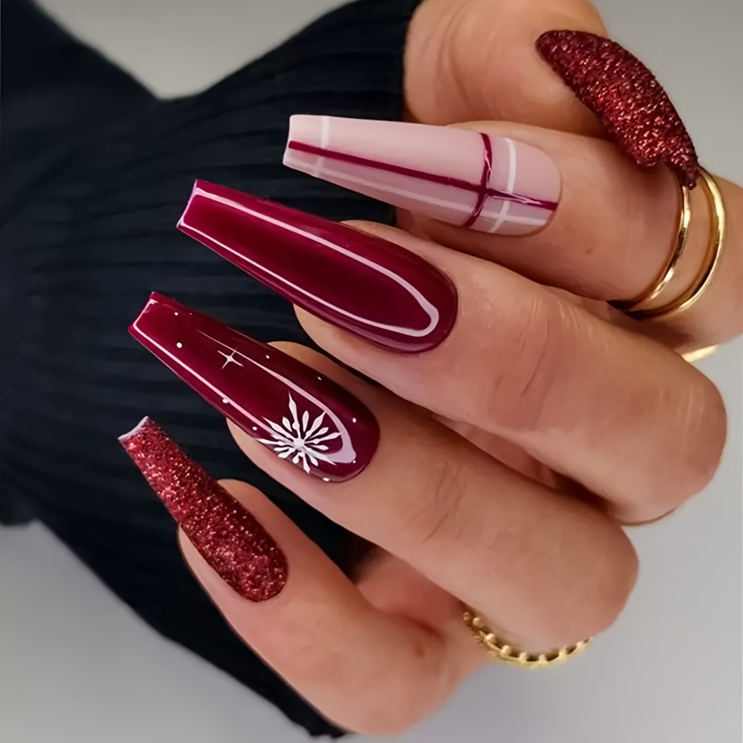 Red acrylic nails on sale coffin with glitter