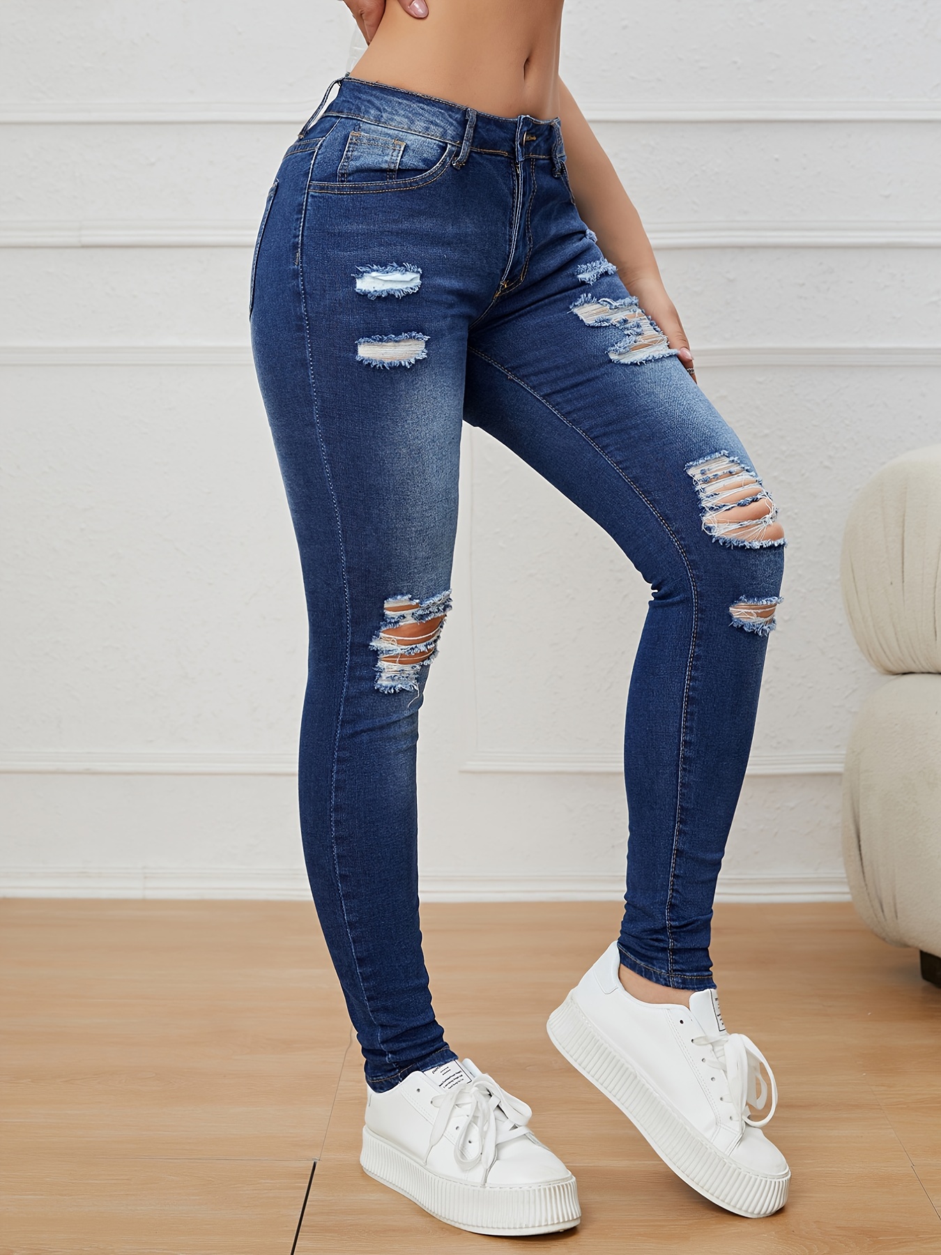 Jeans ajustados de tiro alto con rotos en el muslo, pantalones de mezclilla  elásticos de color sólido de cintura alta desgastados, ropa de mezclilla p