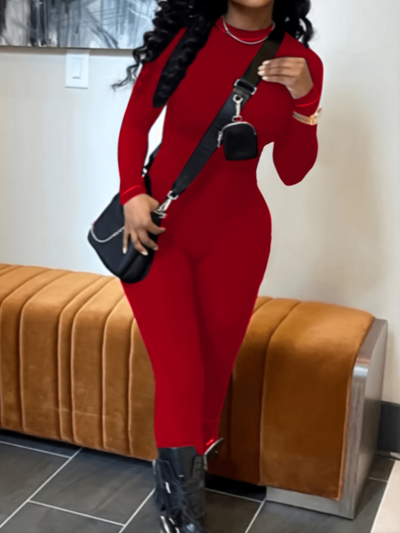 Skinny Crew Neck Jumpsuit Long Sleeve Suit For Spring & Fall