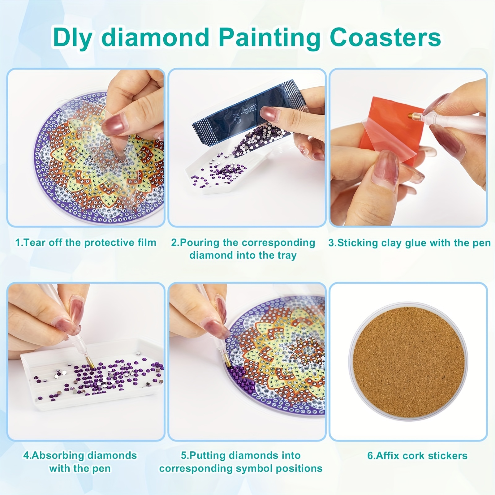 6pcs Diamond Painting Coasters Set With Holder, Unicorn Diamond