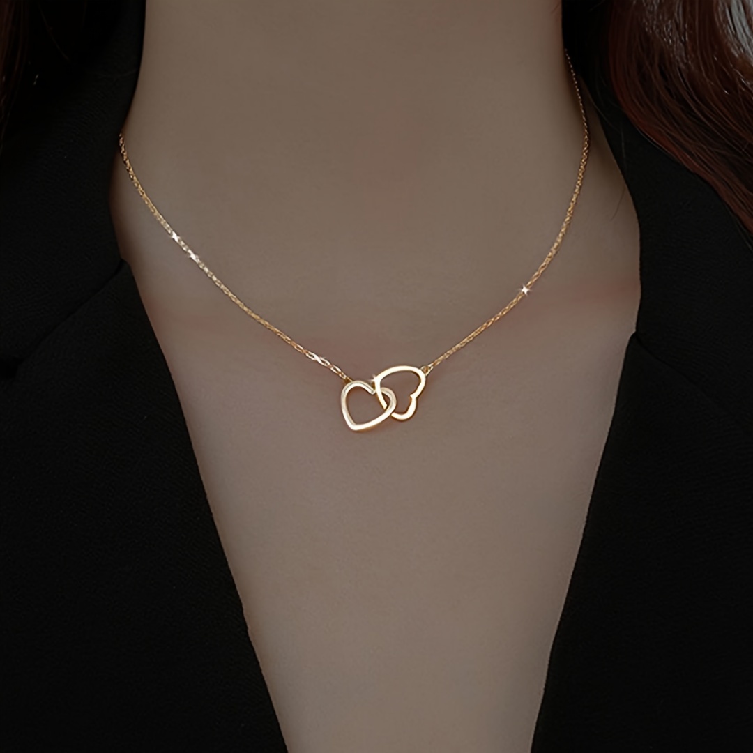 

1pc Niche Design Double Ring Heart Pendant Necklace Simple Elegant Temperament Hollow Heart Pendant Neck Jewelry Valentine's Day Gift