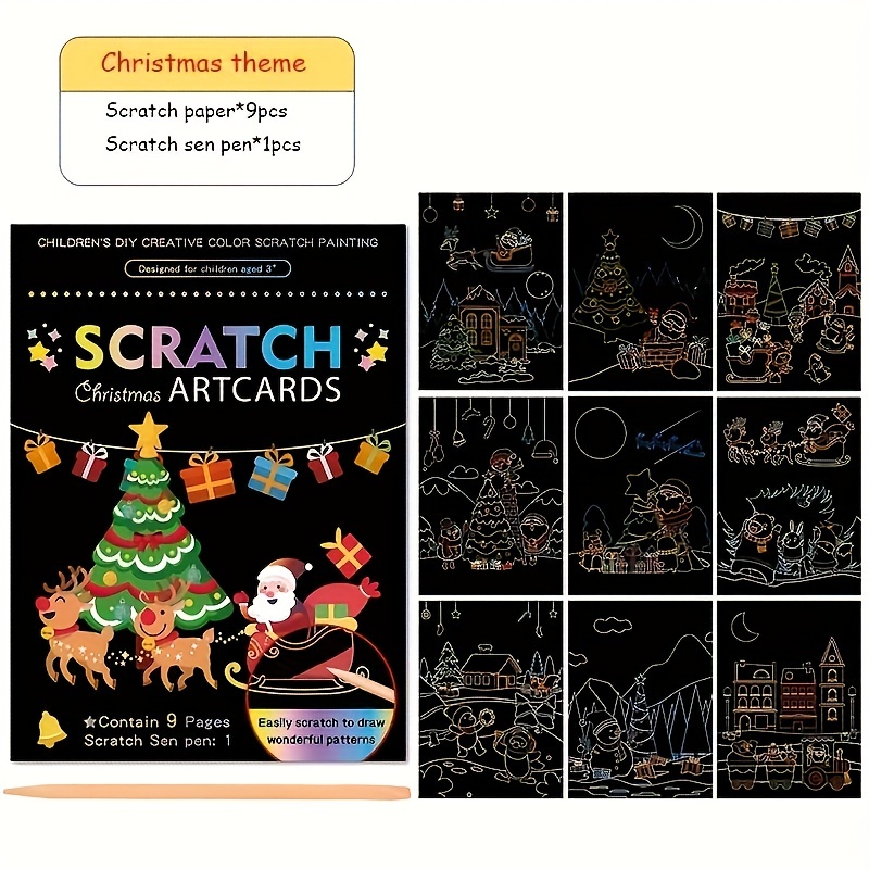 9 Pieces Christmas Scratch Paper Art Set, Rainbow Magic Paper Black Scratch  Off Art C