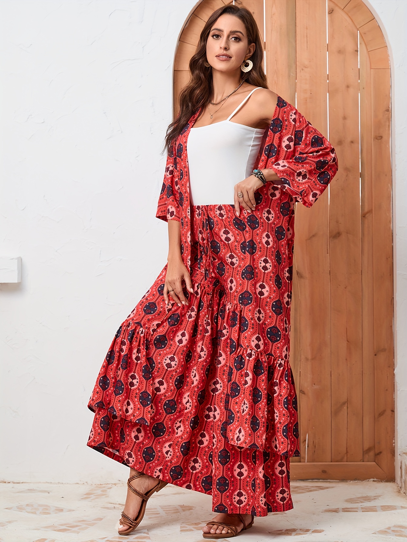 Allover Print Matching Two piece Set Open Front Bell Sleeve - Temu