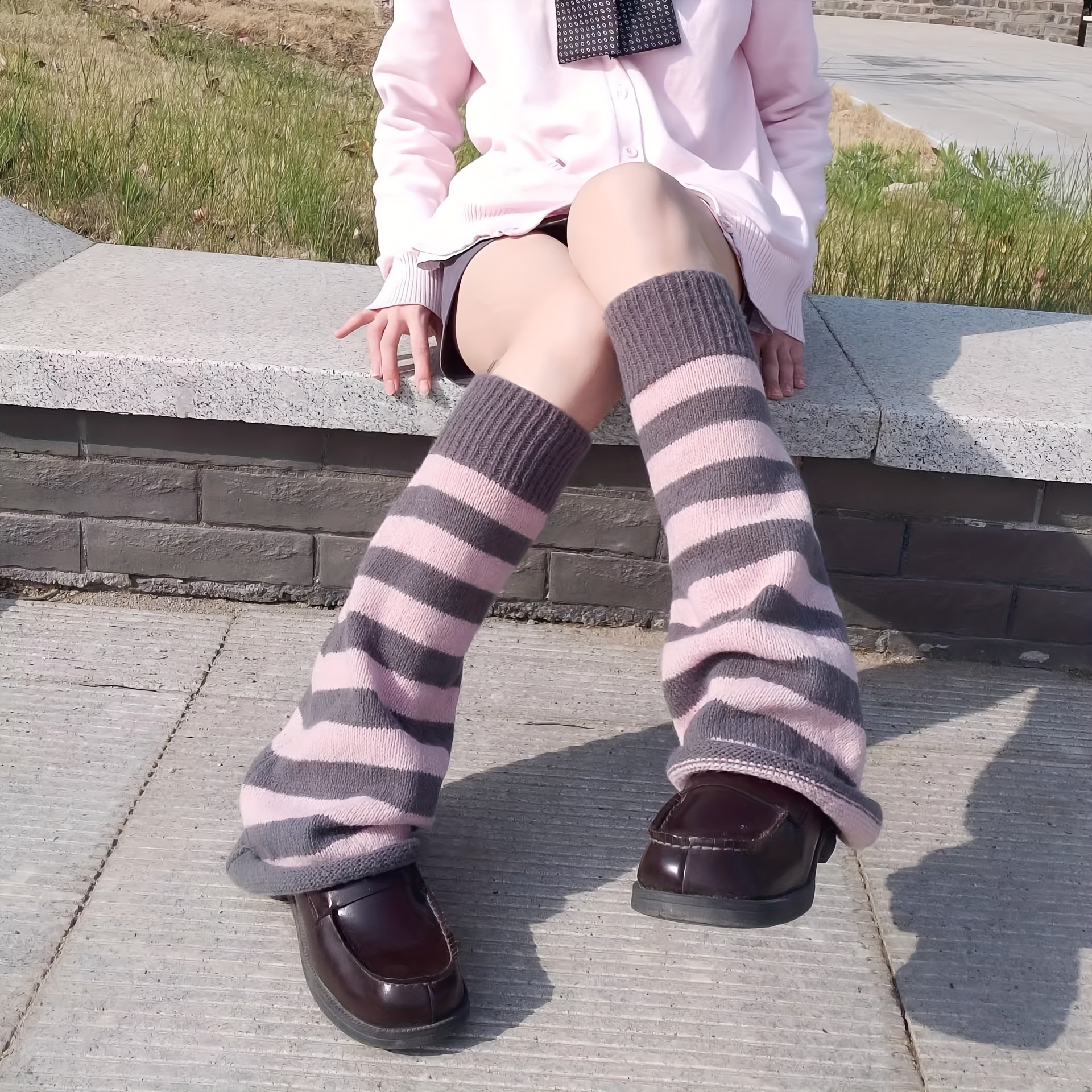 Striped Knitted Leg Warmers Kawaii match Knee High Socks - Temu