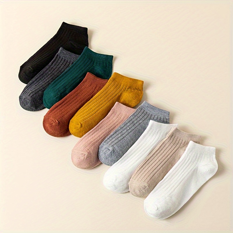 

10 Pairs Solid Ribbed Socks, Casual & Simple Ankle Socks, Women's Stockings & Hosiery