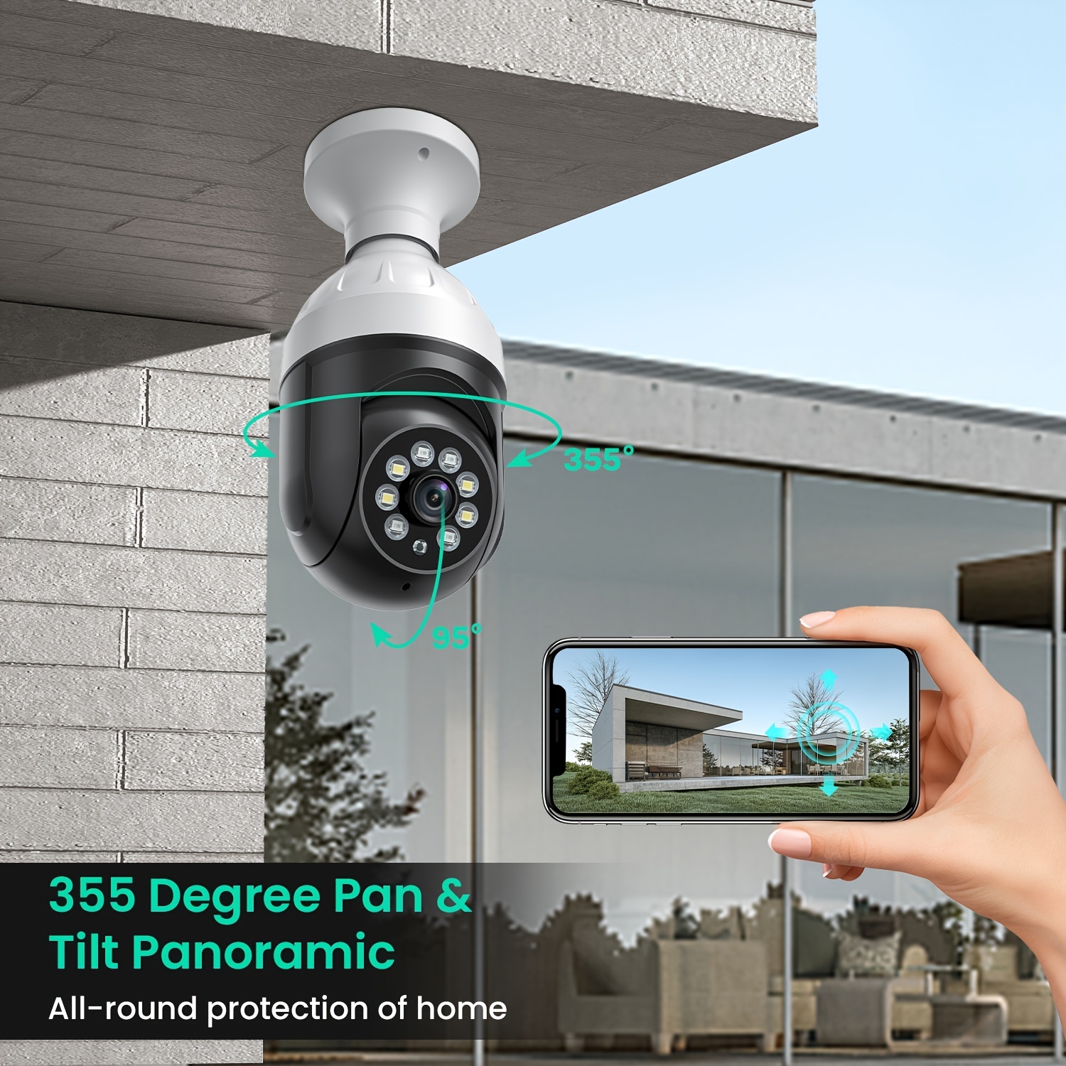 Cámara de seguridad con bombilla, cámara de visión nocturna inteligente HD  inalámbrica 1080P, cámara de vigilancia con bombilla panorámica de 360