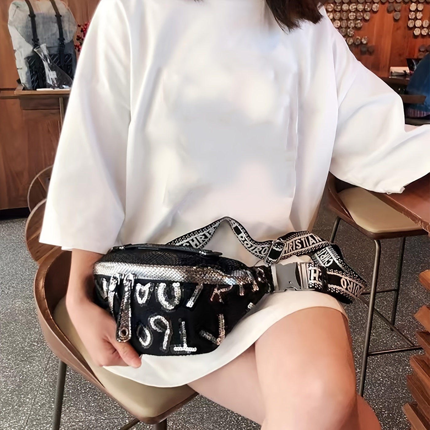 Fashionable Letter Sequin Waist Bag Casual Large Capacity Temu