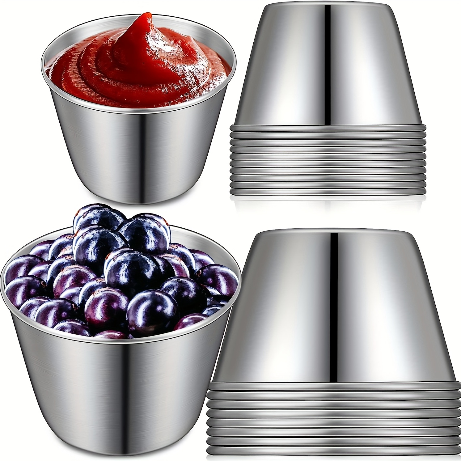 

12pcs Ramekins Saucers, Small Sauce Cups, Appetizer Plate Stainless Steel Dipping Sauce Cup, Commercial Grade Individual Round Condiment Cups