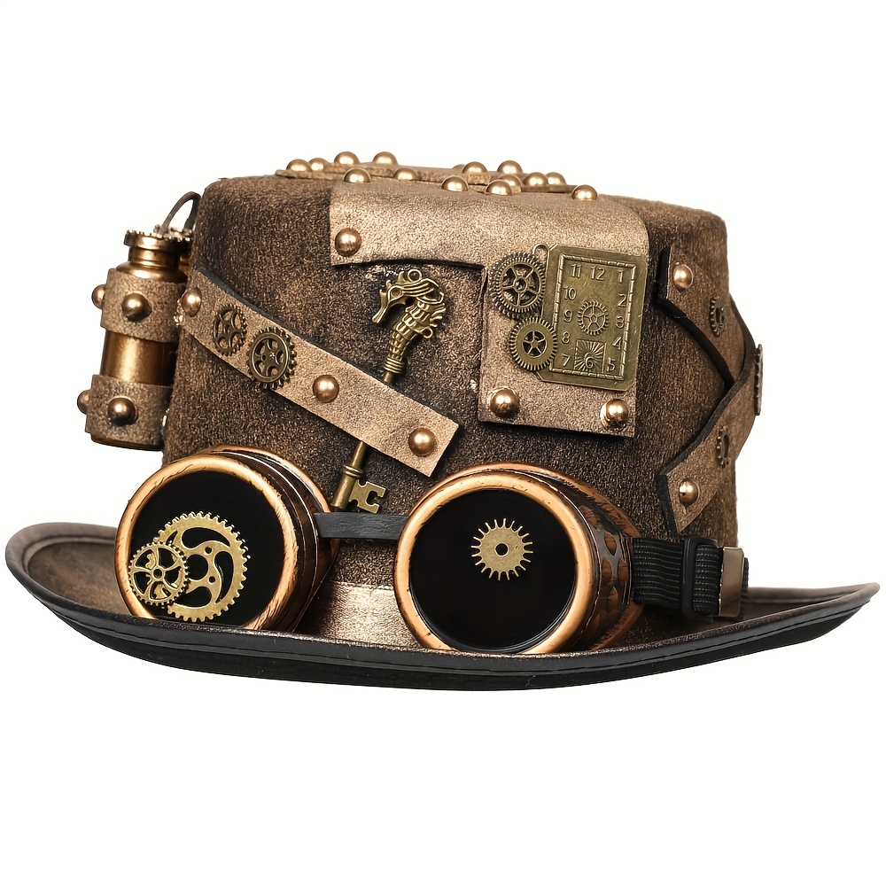 Unisex Gothic Steampunk Hat Gold Bottle Metal Gear With Goggles For Men And Women Stage Performance Halloween - Click Image to Close