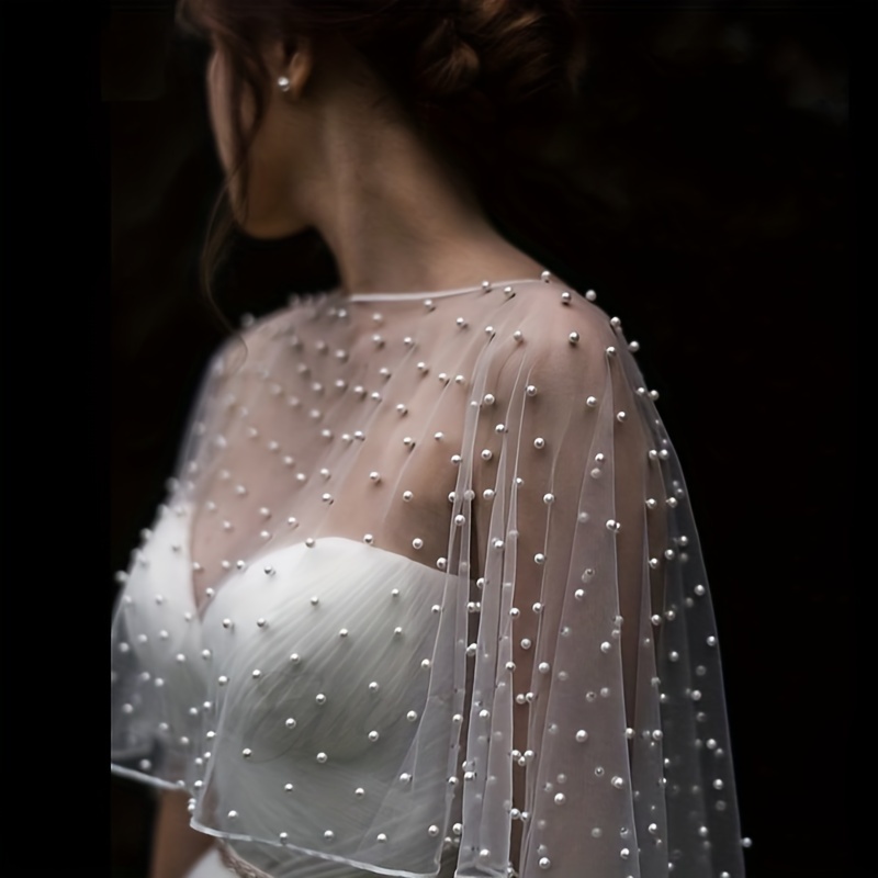 

Elegant Imitation Pearl Mesh Shawl Lvory Thin Breathable Pullover Cape Bridal Wedding Dress Outside Shawl