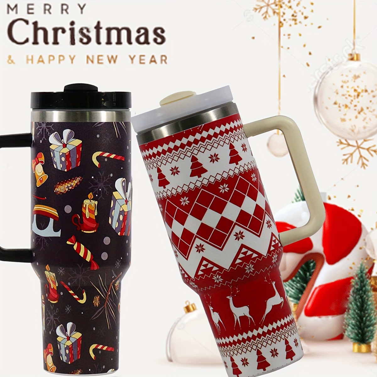 1pc 40oz Christmas Themed Tumbler With Handle And Straw Lid, Stainless  Steel 1200ml Travel Mug, Large Capacity Water Bottle, Perfect Christmas  Gift For Men And Women