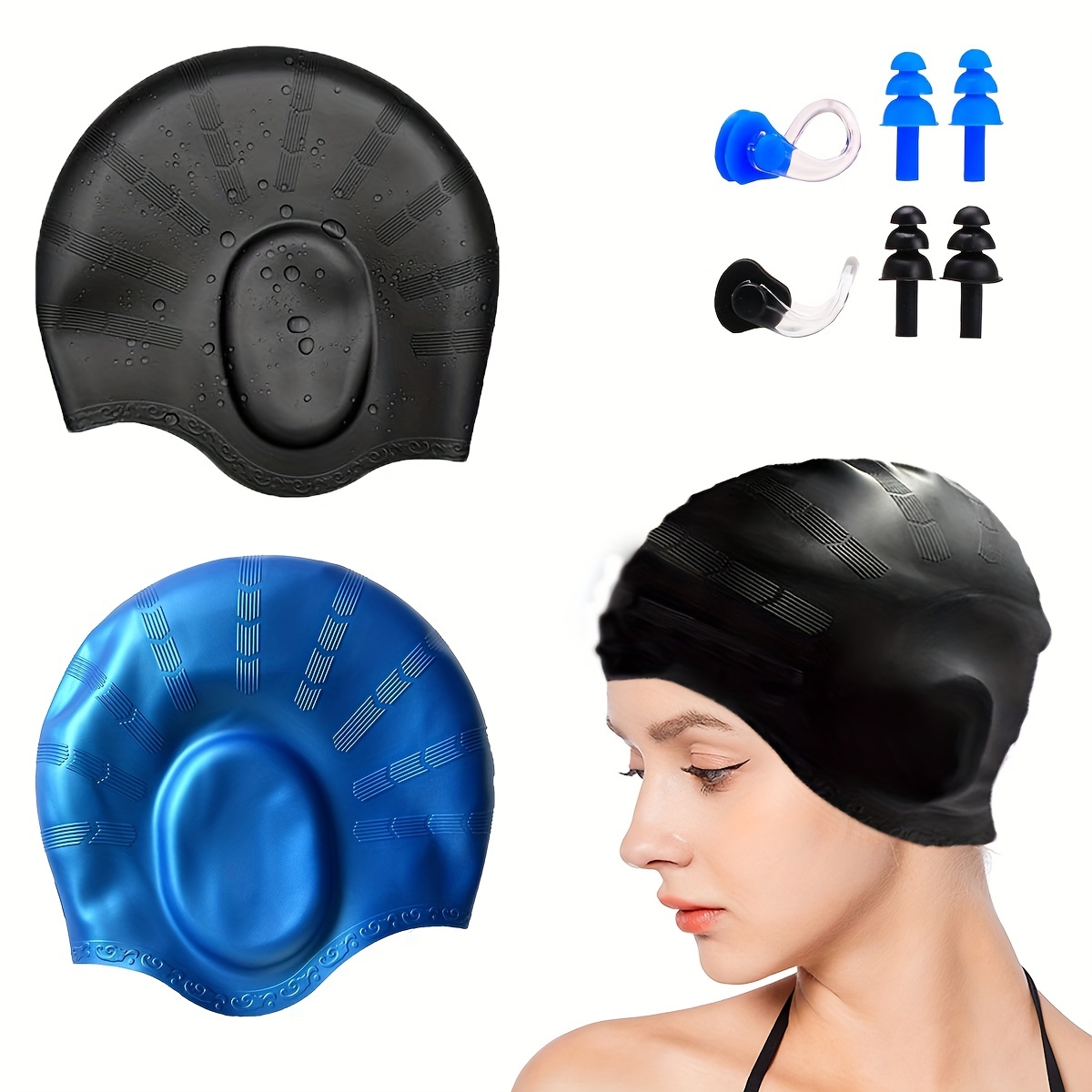 Gorro de natación para mujer para cabello largo, de silicona gruesa de alta  elasticidad, unisex, adultos, gorras de natación con tapones para los