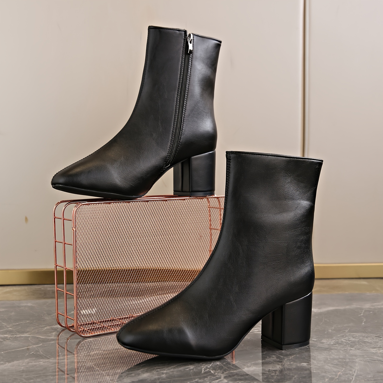 Women's Chunky Heel Ankle Boots, Square Toe Side Zipper Low Heels