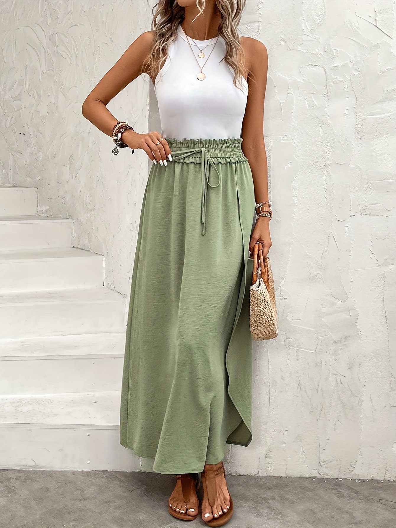 Paper bag outlet waist maxi skirt