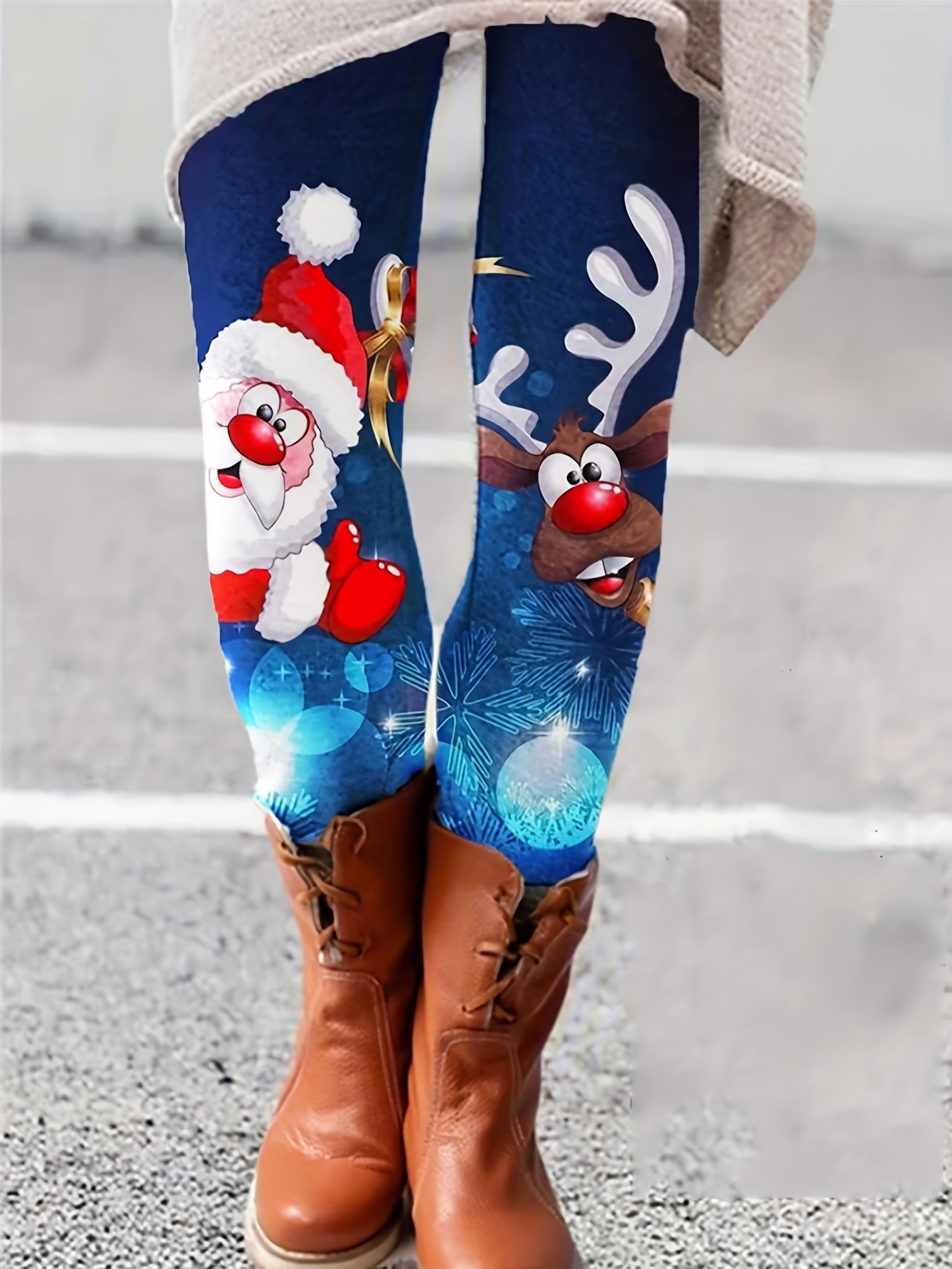 Plus Size Christmas Leggings, Women's Plus Santa Claus & Reindeer Print  Elastic High * Slight Stretch Leggings