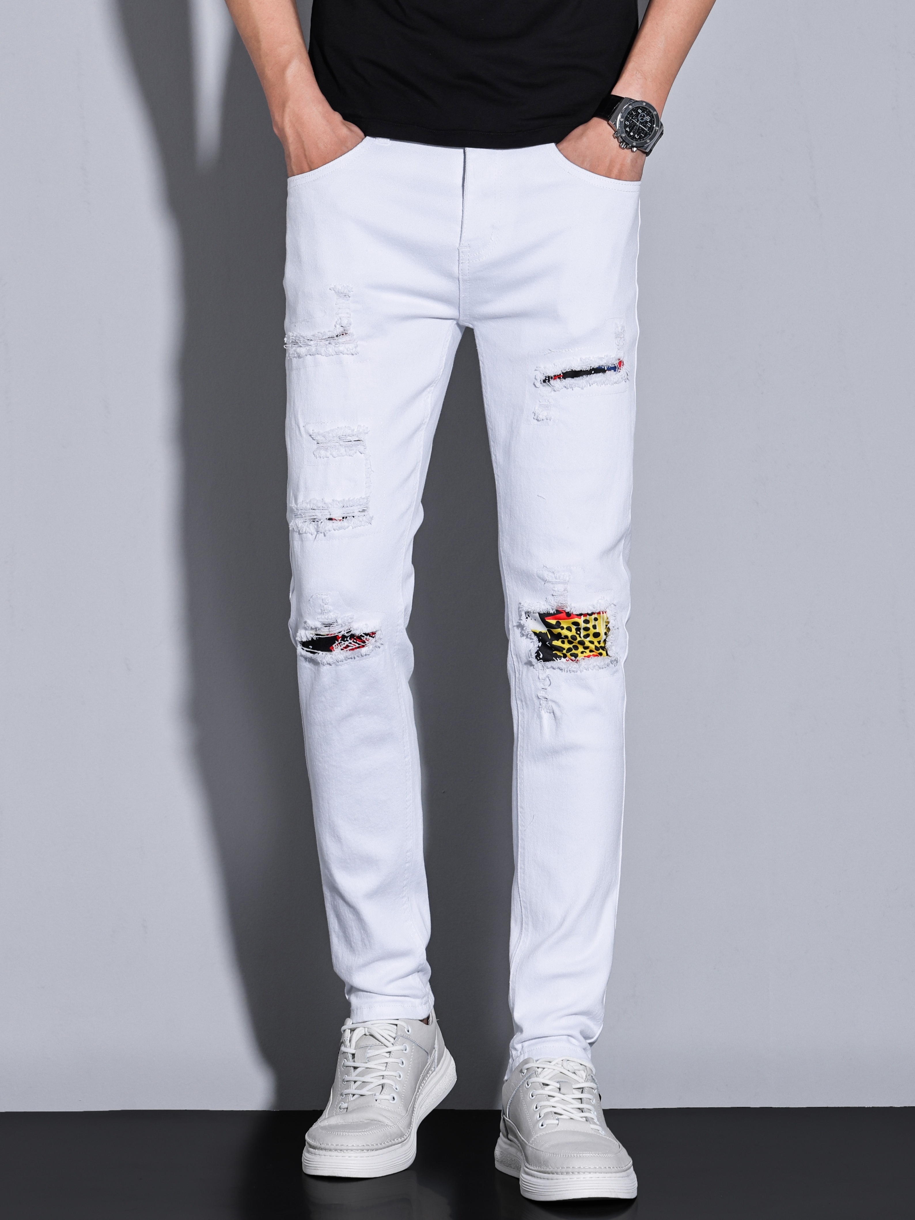 Wide Leg Cotton Jeans, Men's Casual Street Style Patchwork Denim Pants For  Spring Summer - Temu