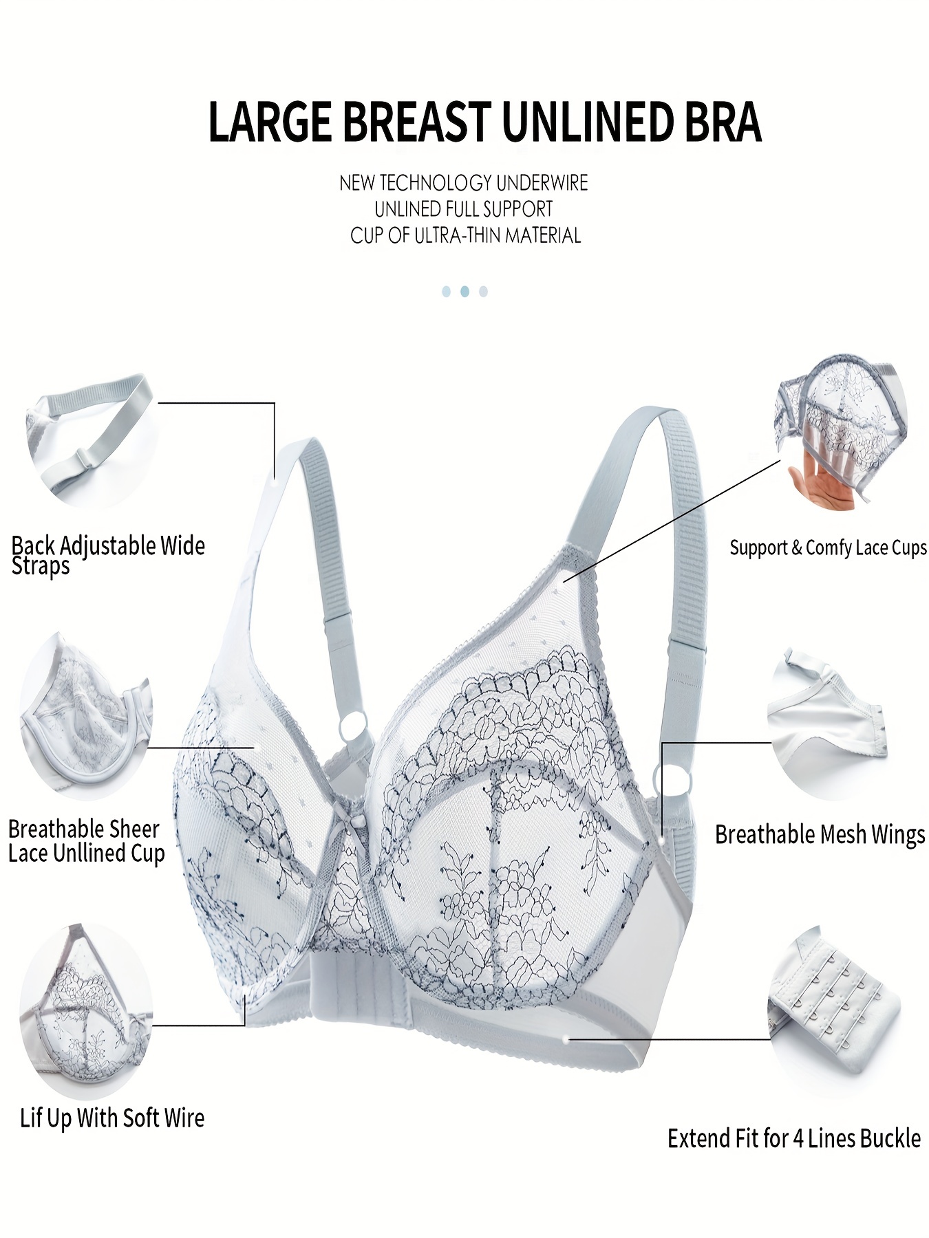 Contrast Lace Unlined Bra Comfy Breathable Full Coverage Bra