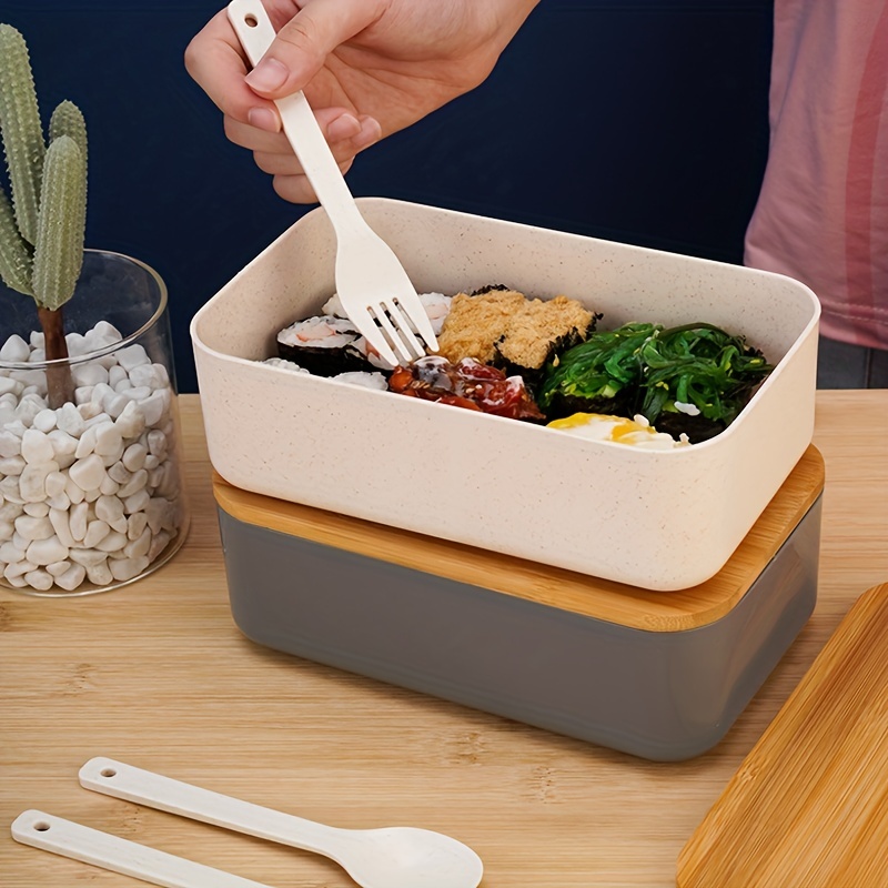 Wheat Plastic Bento Box Double Office Work Students Working Adults Lunch Box  With Cutlery Square Lunch Box Japanese Wooden Cover Bento Box Send Cutlery  Compartment Microwave Wooden Cover Compartment Plastic Bento Box