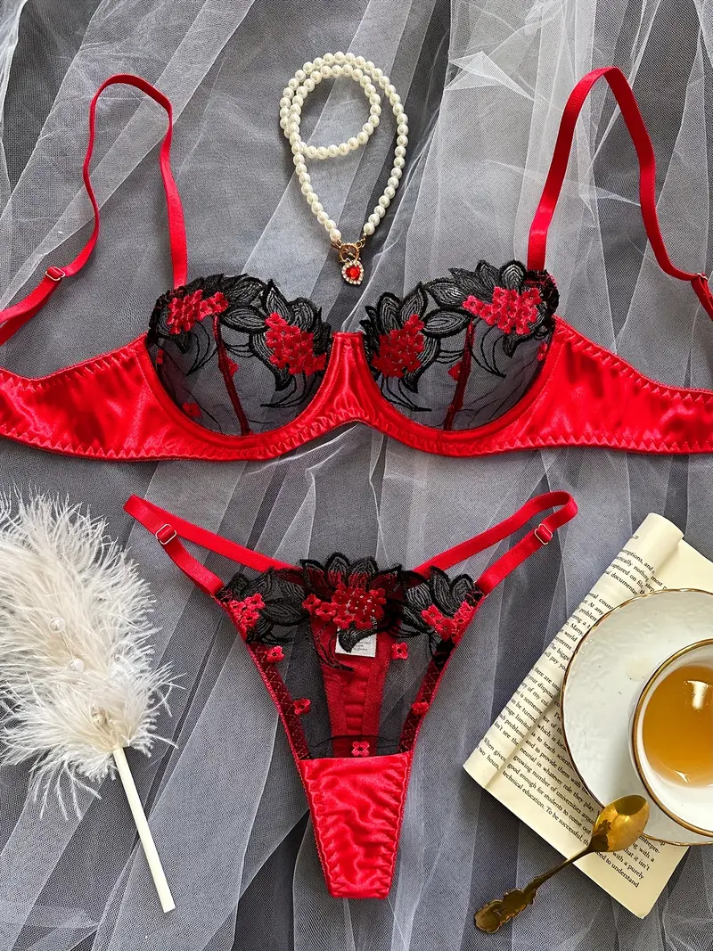 Floral Embroidery Lingerie Set Mesh Stitching Unlined Bra - Temu Canada