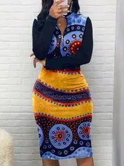 plus size boho dress womens plus colorblock floral print zipper long sleeve mock neck slim fit dress details 1