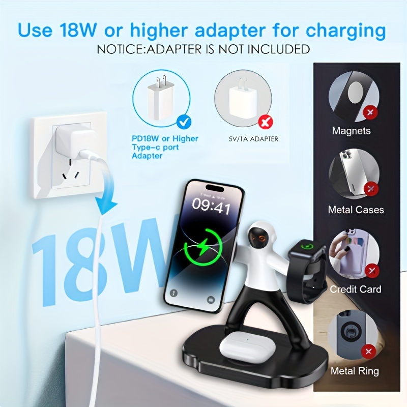 new product model astronaut wireless charging station 15w wireless magnetic charging fast charging while charging 4 devices the base has a usb cable charging output port night light charging indicator light suitable for all qi wireless charging devices suitable for 15 suitable for iwatch suitable for wireless charging function headphones suitable for samsung phones details 3