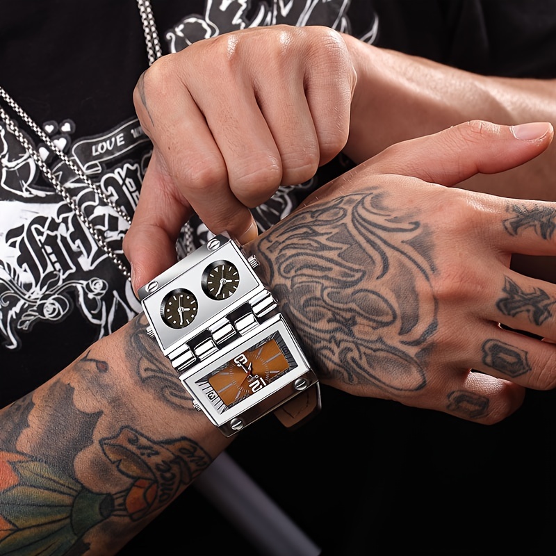 oulm mens quartz watch large dial trend multi time zone rectangular watch details 2