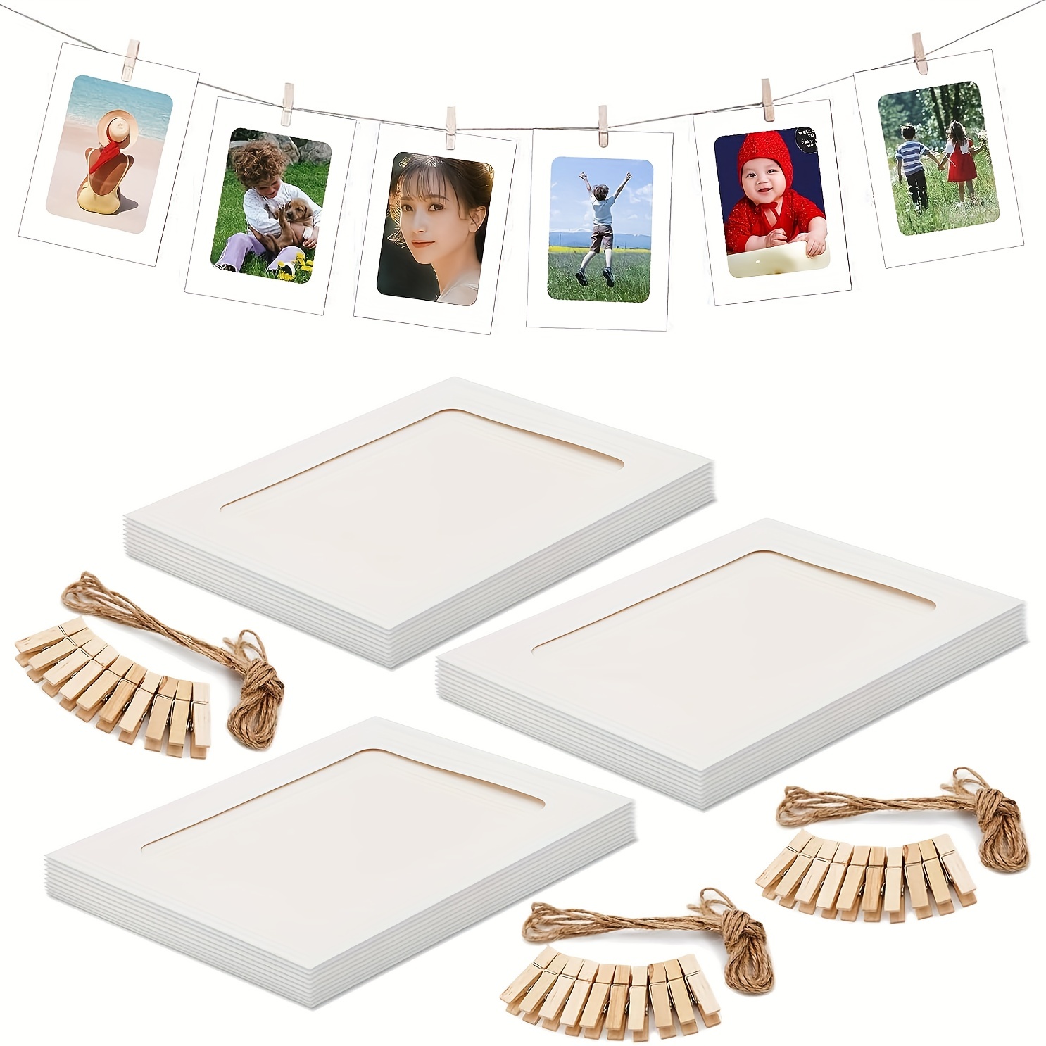 3 set Paper Picture Photo Frame, for 4x6in Photo, Kraft Photo Frames 30  Clothespins with 3 Ropes for Home Wall Decor, School and Office