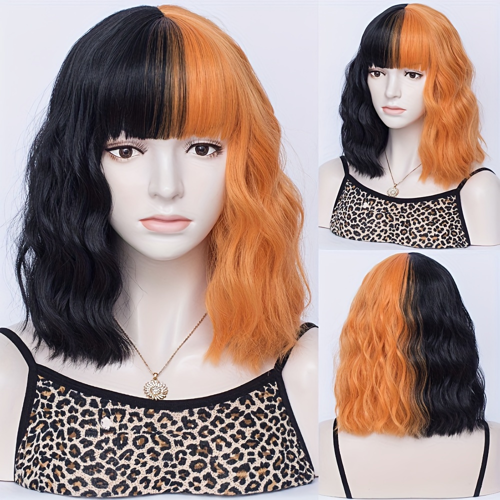 Two Tone Short Curly Wig with Bangs - Shoulder Length Synthetic Split Wig
