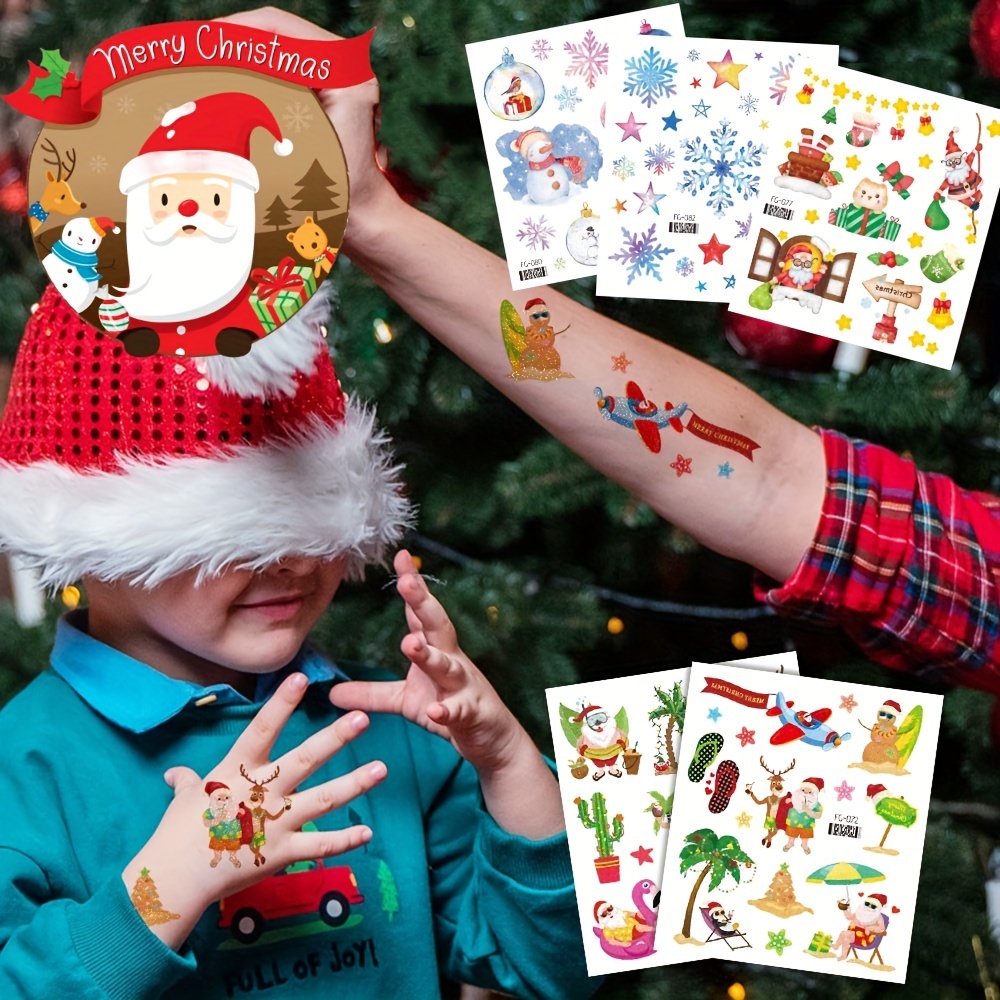 【Merry, Merry Christmas】12 Sheets Christmas Makeup Face Tattoos Stickers  Waterproof Sweet Santa Claus Snowman Makeup Stickers Lovely Face Tattoos For