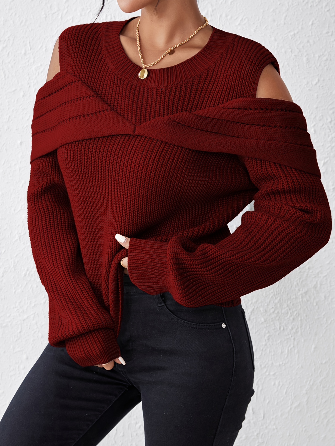 Burgundy cold clearance shoulder sweater