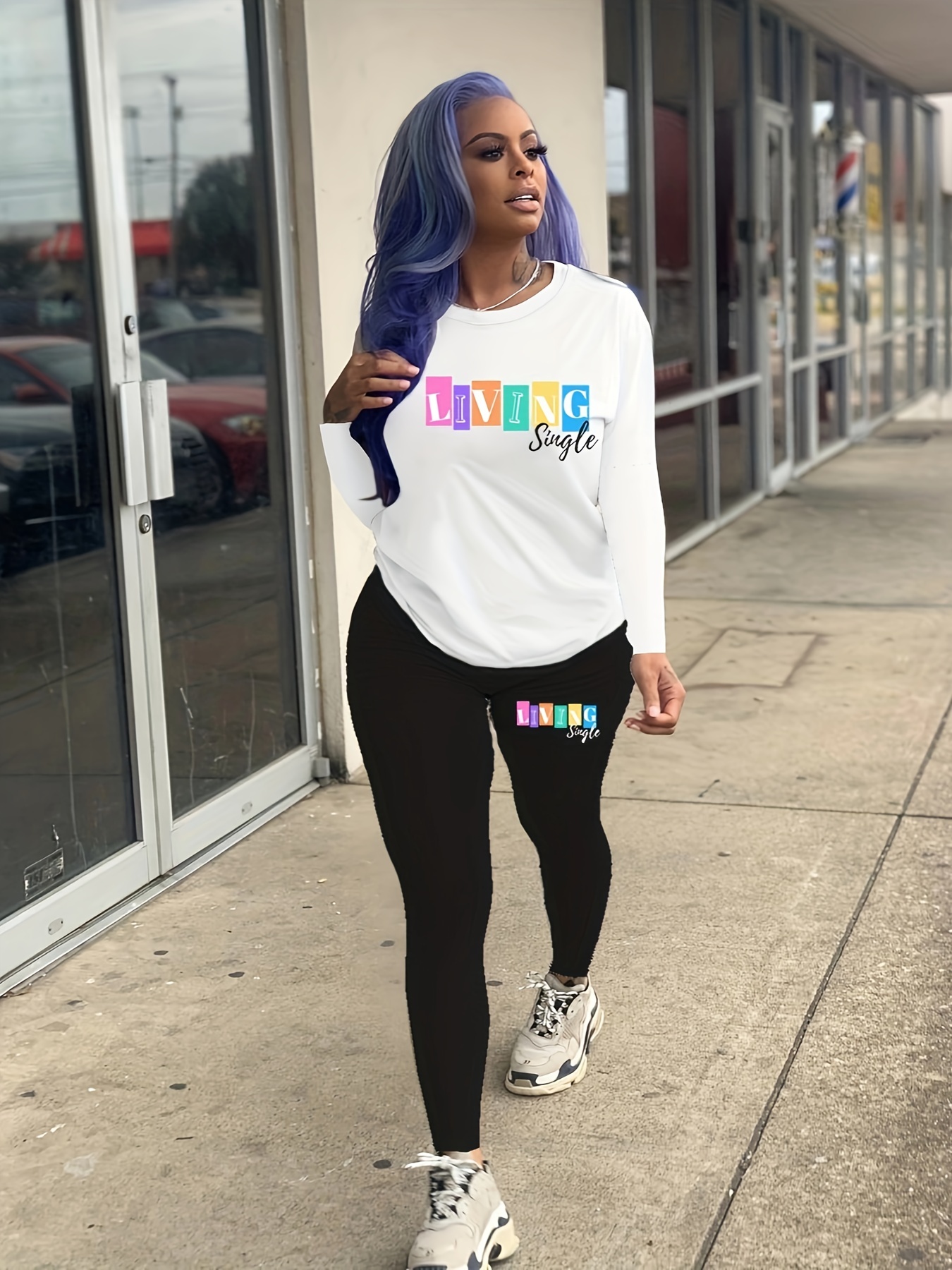 Colorful Letter Print Two-piece Set, Crew Neck Long Sleeve Top & Skinny  Leggings Outfits, Women's Clothing