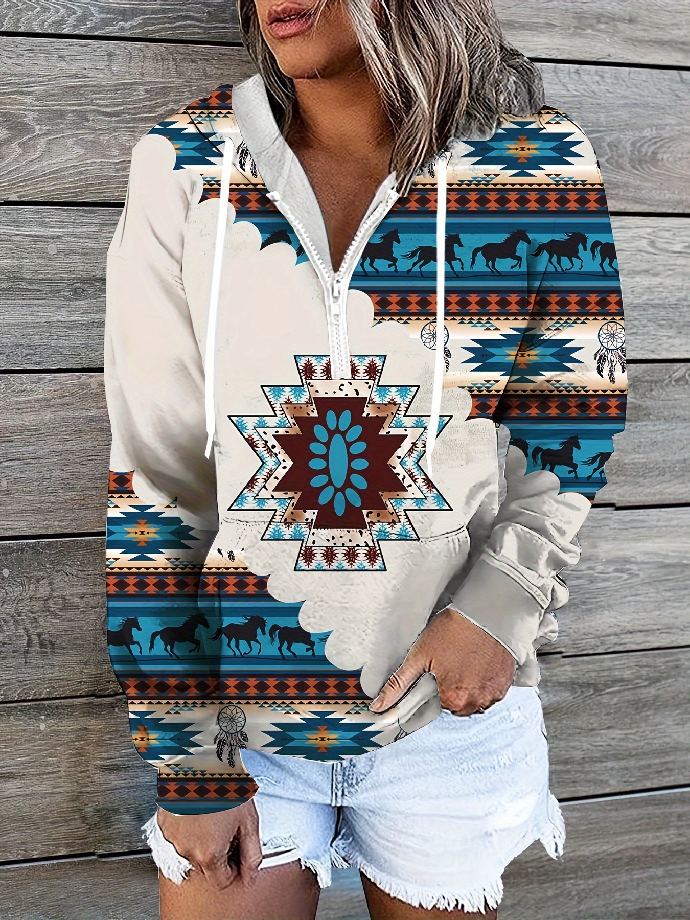 Aztec Print Drawstring Pullover Hoodie, Casual Long Sleeve Button Front  Hoodie Sweatshirt, Women's Clothing