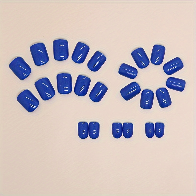 short square shape press on nails solid color blue fake nail glossy full cover nails for women girls details 3