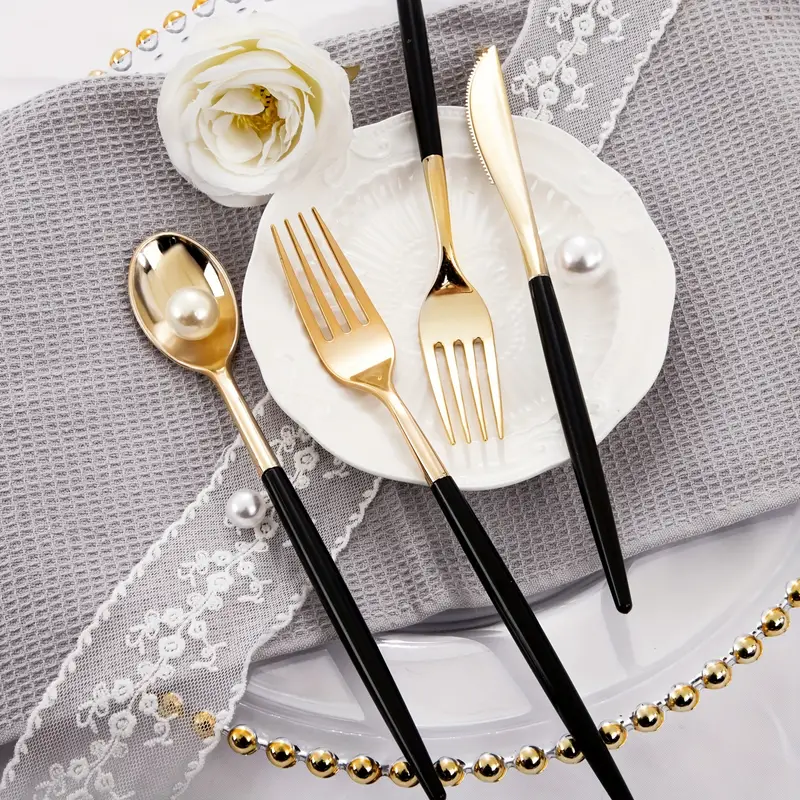 Golden Plastic Silverware, Disposable Flatware With Black Handle, Golden  Plastic Cutlery Includes: 48 Forks, 48 Knives And 48 Spoons For Party &  Wedding & Holiday, Hand Washable And Reusable - Temu