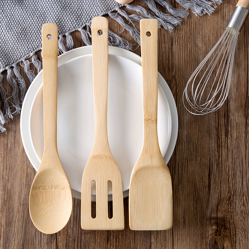 

3pcs, Bamboo Kitchen Utensil Set, Non-stick Cookware Spatulas And Solid Spoon, Long Handle Wooden Cooking Tools, Durable Bamboo Turner And Slotted Spatula Set, Natural Wood Cookware