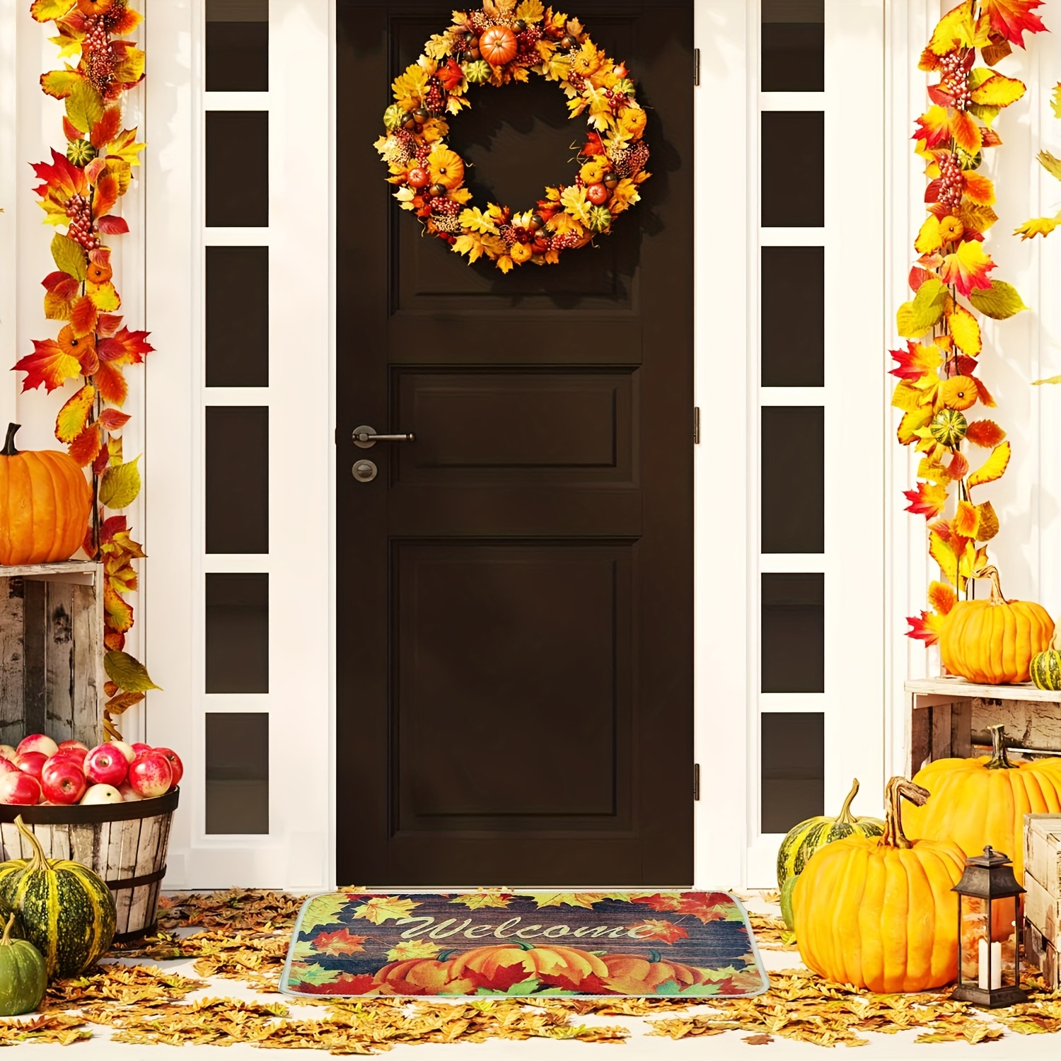 Hello Autumn Welcome Doormat, Fall Leaves Themed Door Mat, Autumn