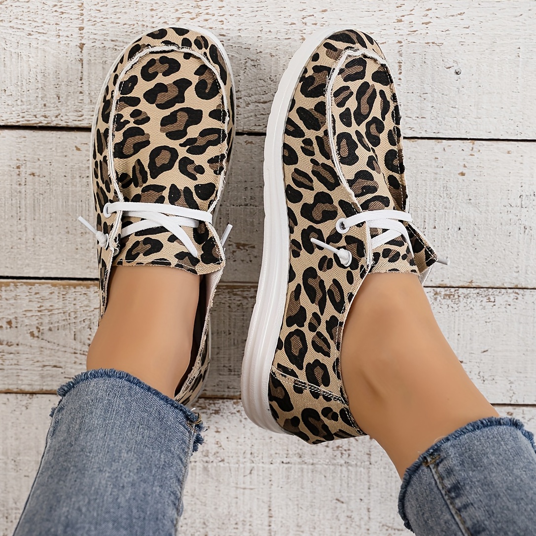 Women's Leopard Print Canvas Shoes, Lightweight Closed Toe Lace Up Shoes,  Women's Fashion Flat Shoes - Temu