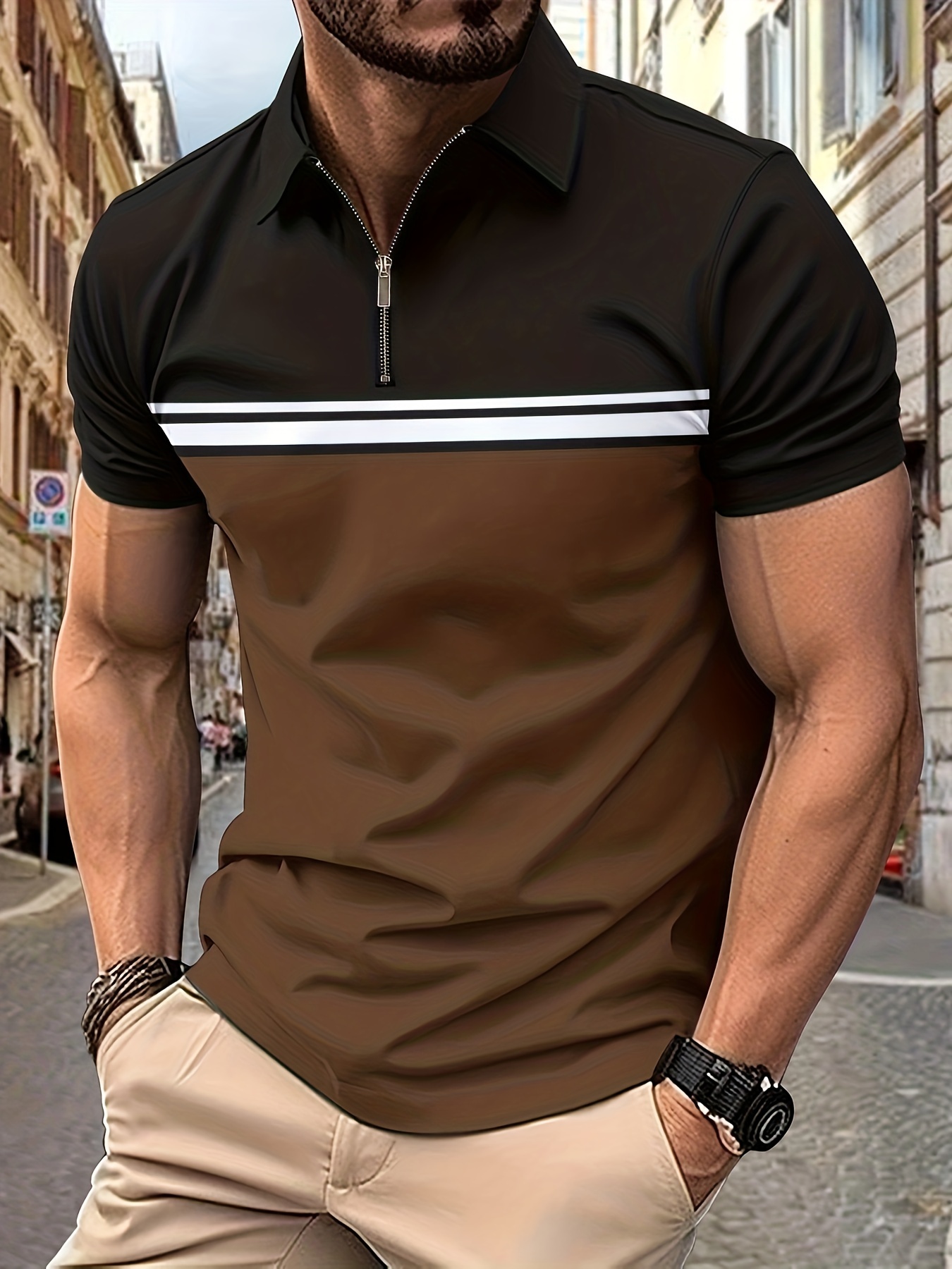 Breathable Regular Fit Color Block Golf Shirt, Men's Casual V-Neck T-Shirt  Short Sleeve Top For Summer, Men's Clothing