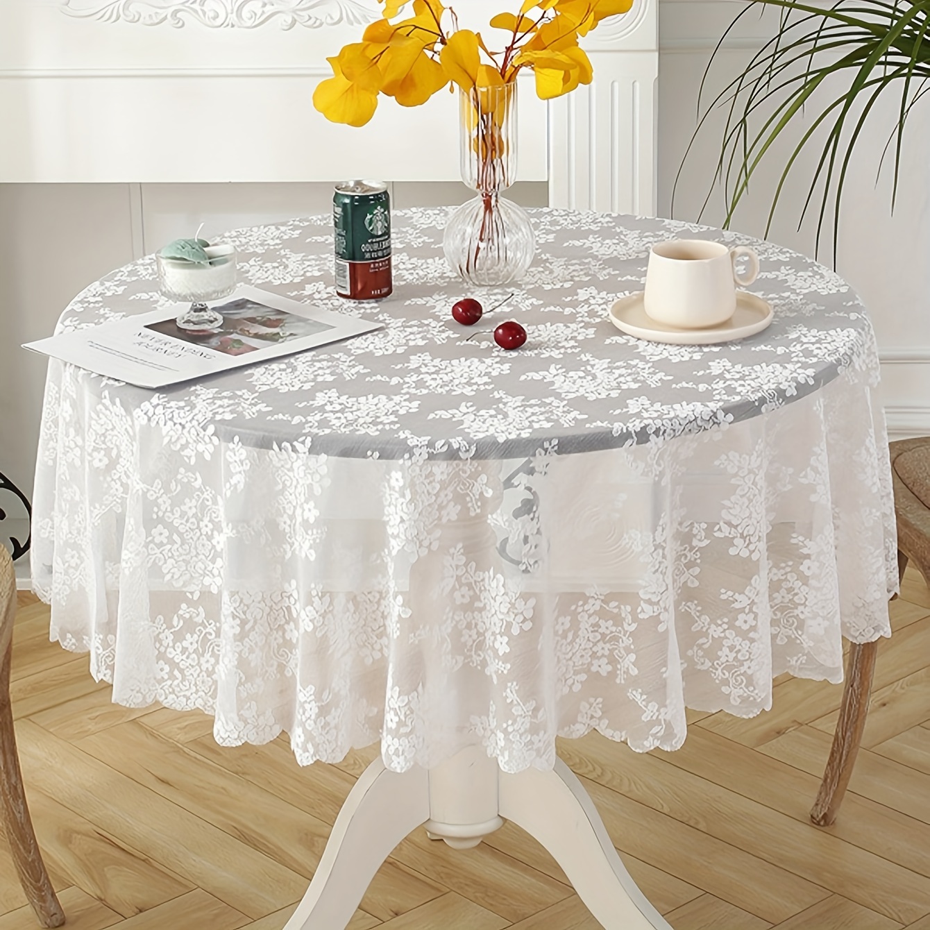 

1pc, Tablecloth, Pure White Romantic Small Grass Flower Knitted Lace Table Cover, Elegant Table Cloth, Room Decoration, Dining Table Decor