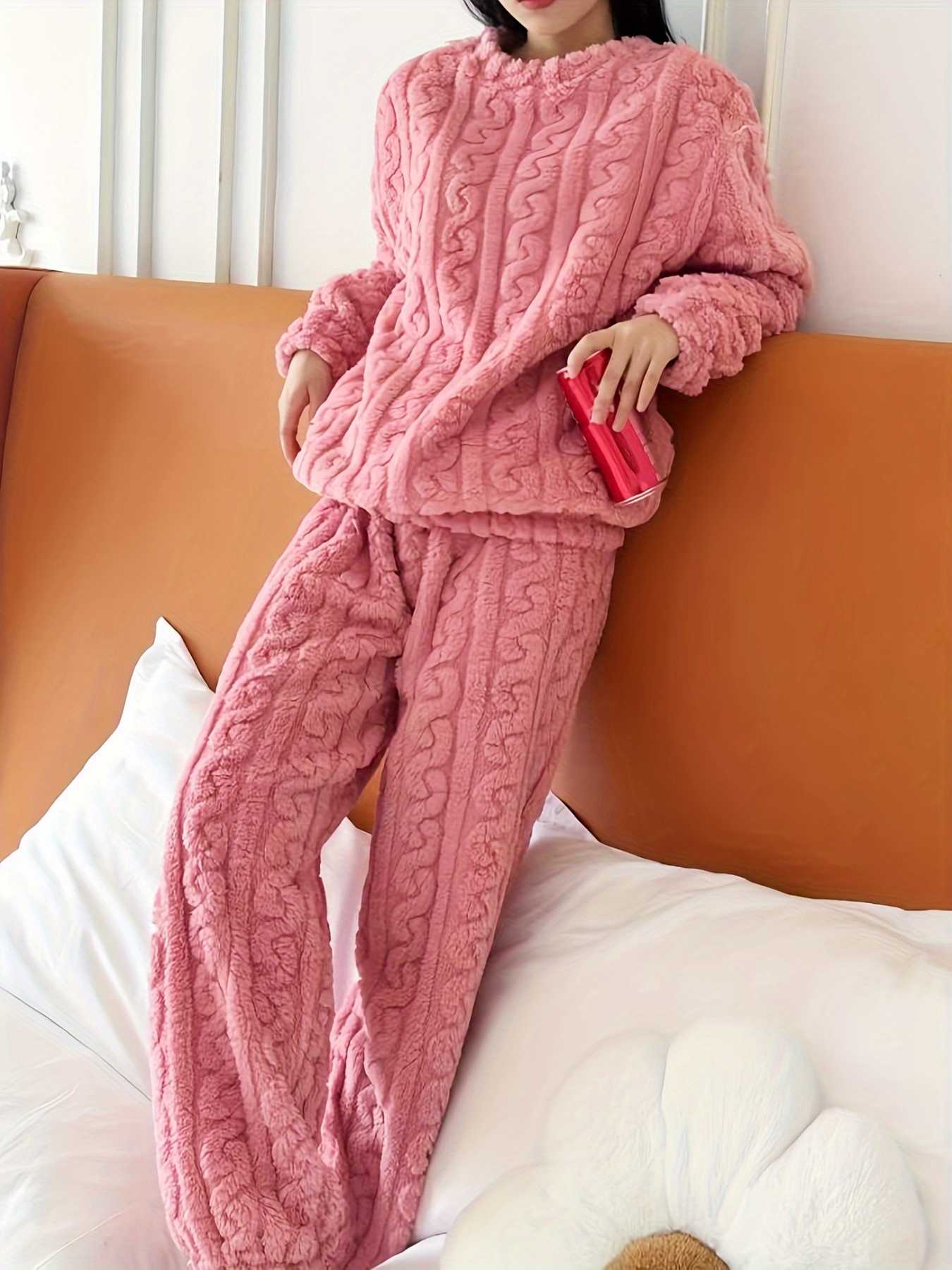 Solid Fuzzy Pajama Set Long Sleeve V Neck Top Elastic - Temu