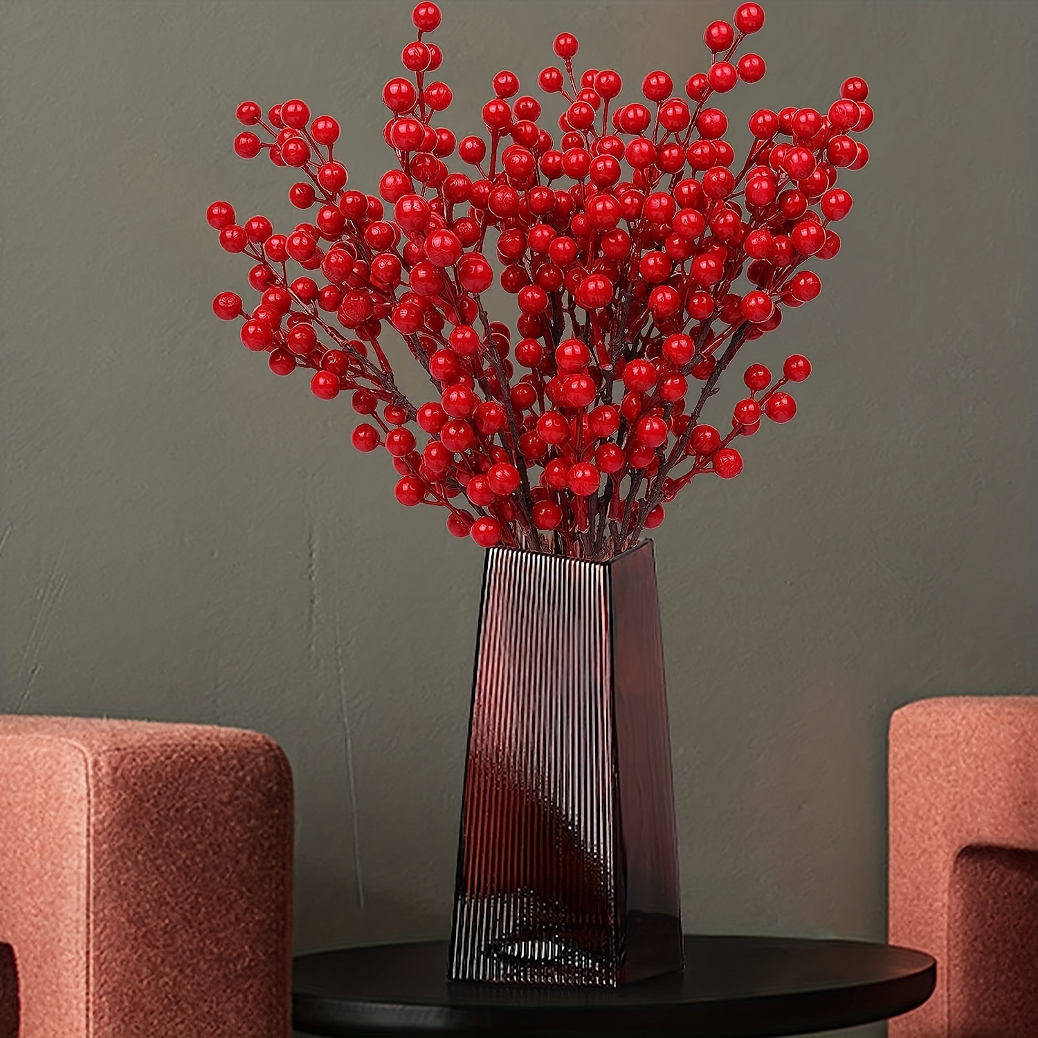 Christmas Red Berry Twig Stem Artificial Red Holly Berries